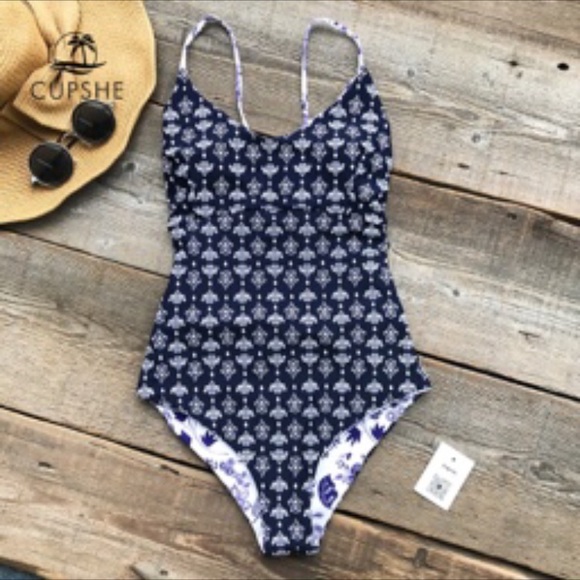 Cupshe Reversible One Piece Blue & White Print Sm - Picture 4 of 6